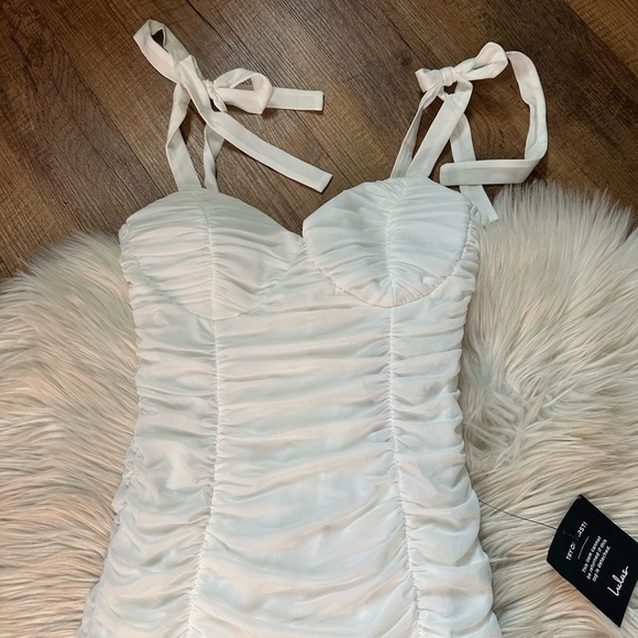 LULU’S Darling Deets White Ruched Mesh Tie Strap Bodycon Mini Dress - Picture 4 of 5